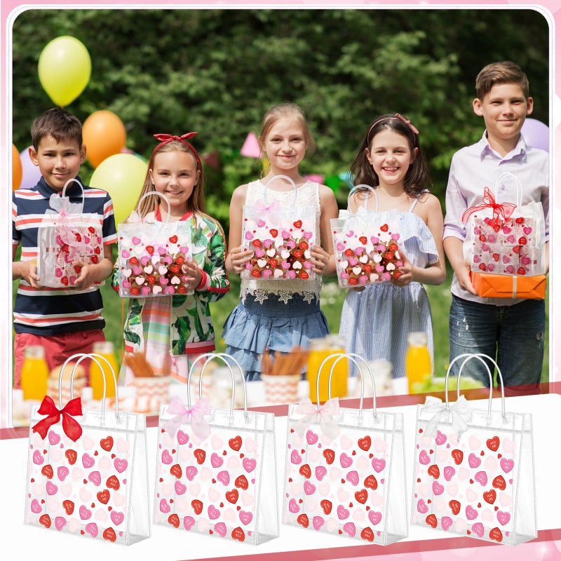 Tinlade 24 Sets Valentines Conversation Heart Gift Bag Valentine Clear Plastic Bag with Handles Candy Bows PVC Treat Goodie Transparent Bags for Galentines Day Birthday Party Supplies - Image 4