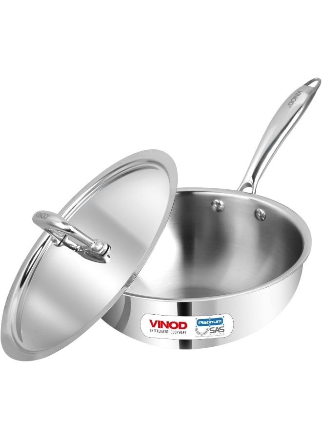 VINOD Platinum Triply Stainless Steel Deep Frying Pan with Lid - 2.5 L, 22 cm | 2.5 mm thick Tri ply Cookware | Heavy-Bottom Frypan for Healthy, Low-Oil Cooking | Induction and Gas Compatible - Image 1