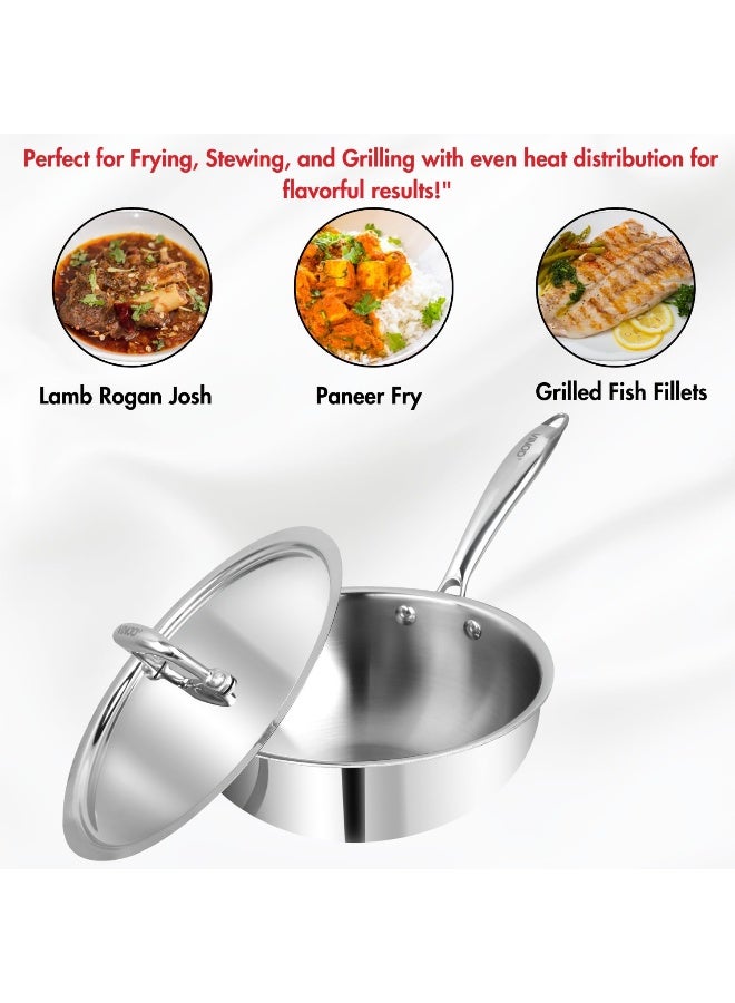 VINOD Platinum Triply Stainless Steel Deep Frying Pan with Lid - 2.5 L, 22 cm | 2.5 mm thick Tri ply Cookware | Heavy-Bottom Frypan for Healthy, Low-Oil Cooking | Induction and Gas Compatible - Image 3
