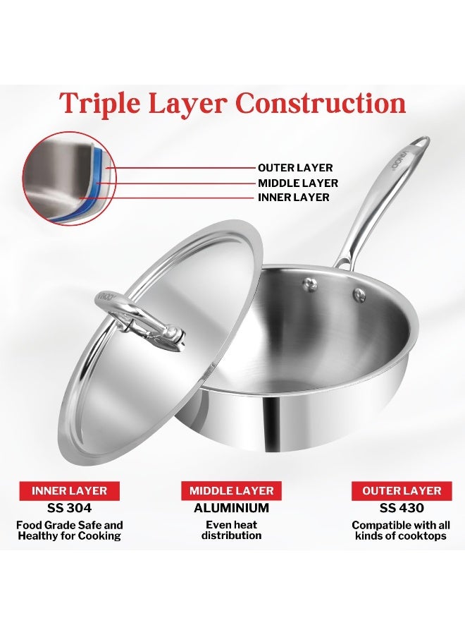 VINOD Platinum Triply Stainless Steel Deep Frying Pan with Lid - 2.5 L, 22 cm | 2.5 mm thick Tri ply Cookware | Heavy-Bottom Frypan for Healthy, Low-Oil Cooking | Induction and Gas Compatible - Image 5