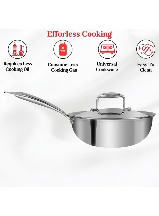 VINOD Platinum Triply Stainless Steel Deep Frying Pan with Lid - 2.5 L, 22 cm | 2.5 mm thick Tri ply Cookware | Heavy-Bottom Frypan for Healthy, Low-Oil Cooking | Induction and Gas Compatible - Image 4
