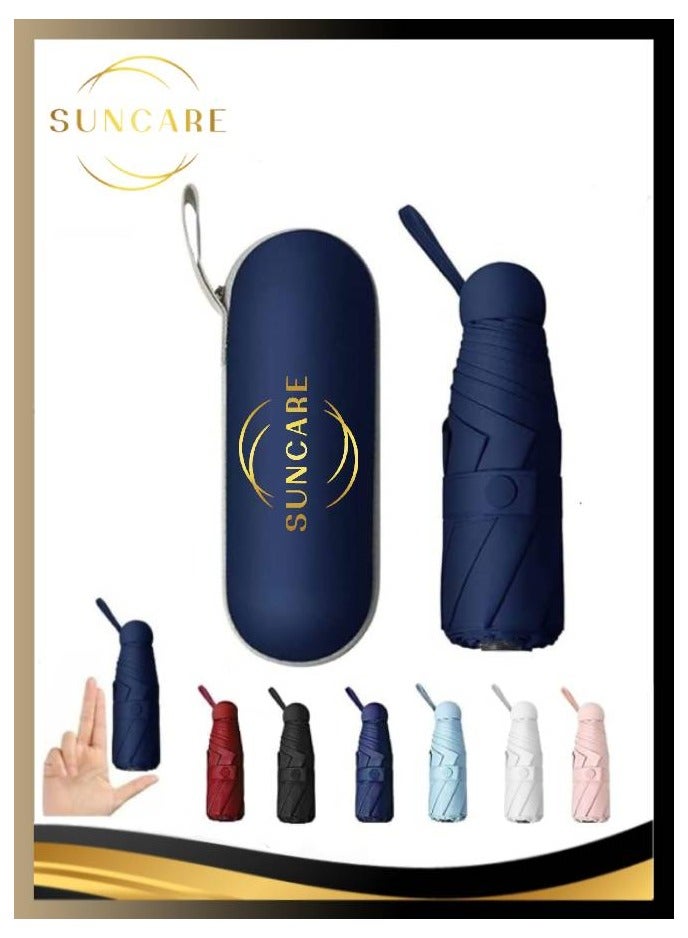 SUNCARE Mini Sun Umbrella with Protective Case, 8 Ribs Compact UV Umbrella for Summer & Sun Protection, Windproof Folding Travel Umbrella Ideal for Men & Women (Navy Blue) - Image 1