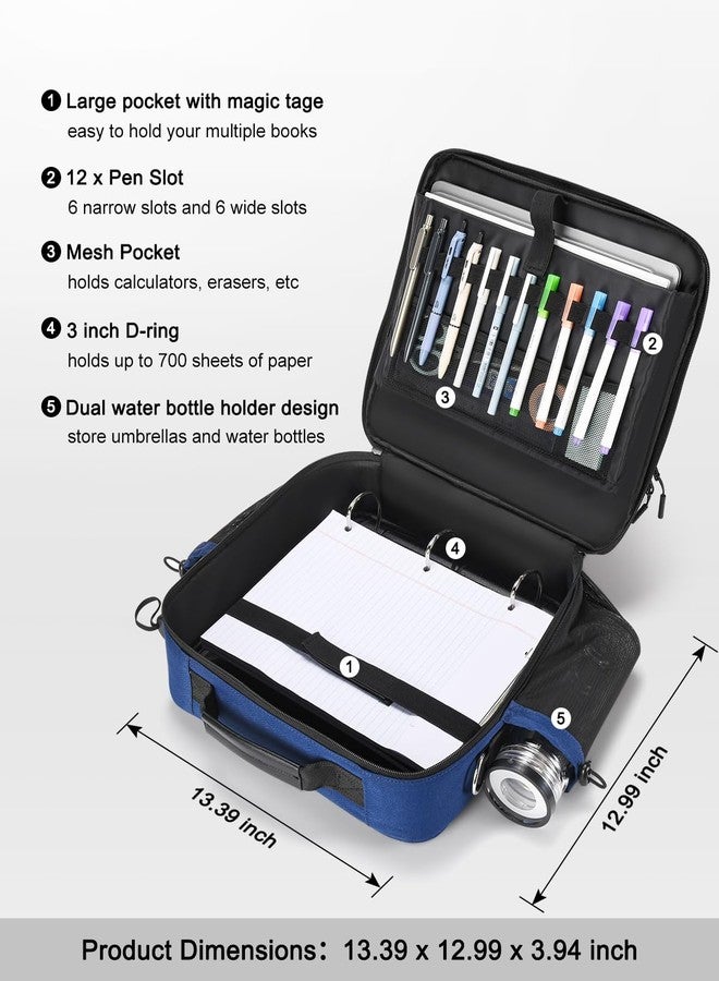 HINOOR 3 Inch 3-Ring Zipper Binder with Water Bottle Holder, D-Ring Zip Up Binder with Shoulder Strap, 700 Sheet Capacity, Compatible with 13" MacBook/Tablet, for School, Office (Dark Blue) - Image 2