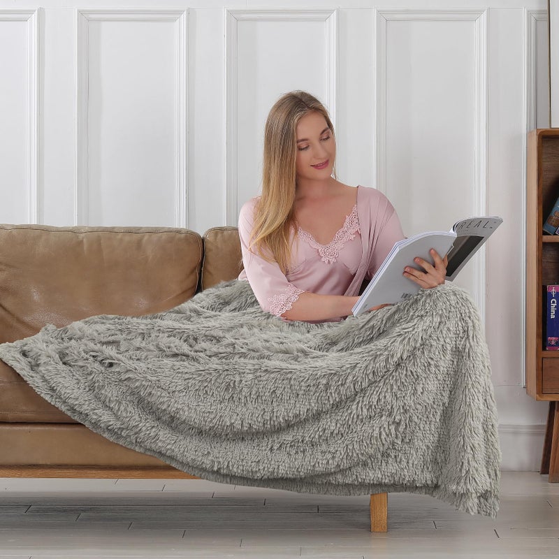 Tuddrom Decorative Extra Soft Faux Fur Blanket Queen Size 80""x90"" Solid Reversible Fuzzy Long Hair Shaggy Blanket Fluffy Plush Fleece Comfy Microfiber Fur Blanket for Couch Sofa Bed Quiet Grey - Image 3