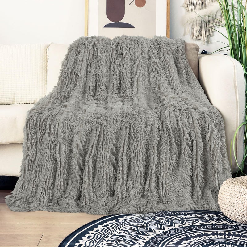 Tuddrom Decorative Extra Soft Faux Fur Blanket Queen Size 80""x90"" Solid Reversible Fuzzy Long Hair Shaggy Blanket Fluffy Plush Fleece Comfy Microfiber Fur Blanket for Couch Sofa Bed Quiet Grey - Image 2
