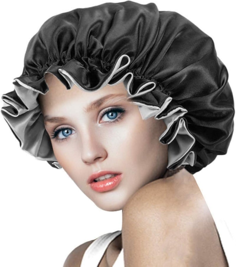 Wallfire Satin Bonnet Shower Cap Women - Extra Large, Dual-layer, Reversible, Adjustable Sleeping Cap Head Cover Bathing Hat