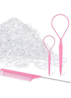TsMADDTs Clear Small Rubber Elastics With Hair Loop Styling Tool Set1000Pcs Rubber Hair Ties 2Pcs French Braid Tool Loop 1Pcs Rat Tail Combs For Braiding Stylingpink  - Image 1