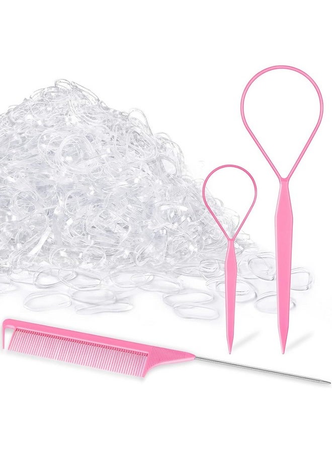 TsMADDTs Clear Small Rubber Elastics With Hair Loop Styling Tool Set1000Pcs Rubber Hair Ties 2Pcs French Braid Tool Loop 1Pcs Rat Tail Combs For Braiding Stylingpink  - Image 1