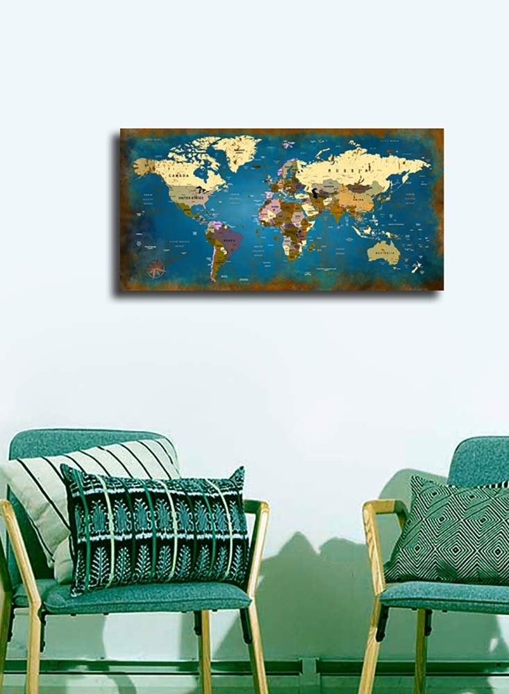 مؤسسة فكرة اليوم خريطة العالم الكبيرة، خريطة بحرية، طباعة باللون الأزرق المخضر والذهبي، لوحة جدارية حديثة مؤطرة لديكور المنزل لغرفة المعيشة وغرفة النوم وديكور المكتب جاهزة للتعليق - Image 4