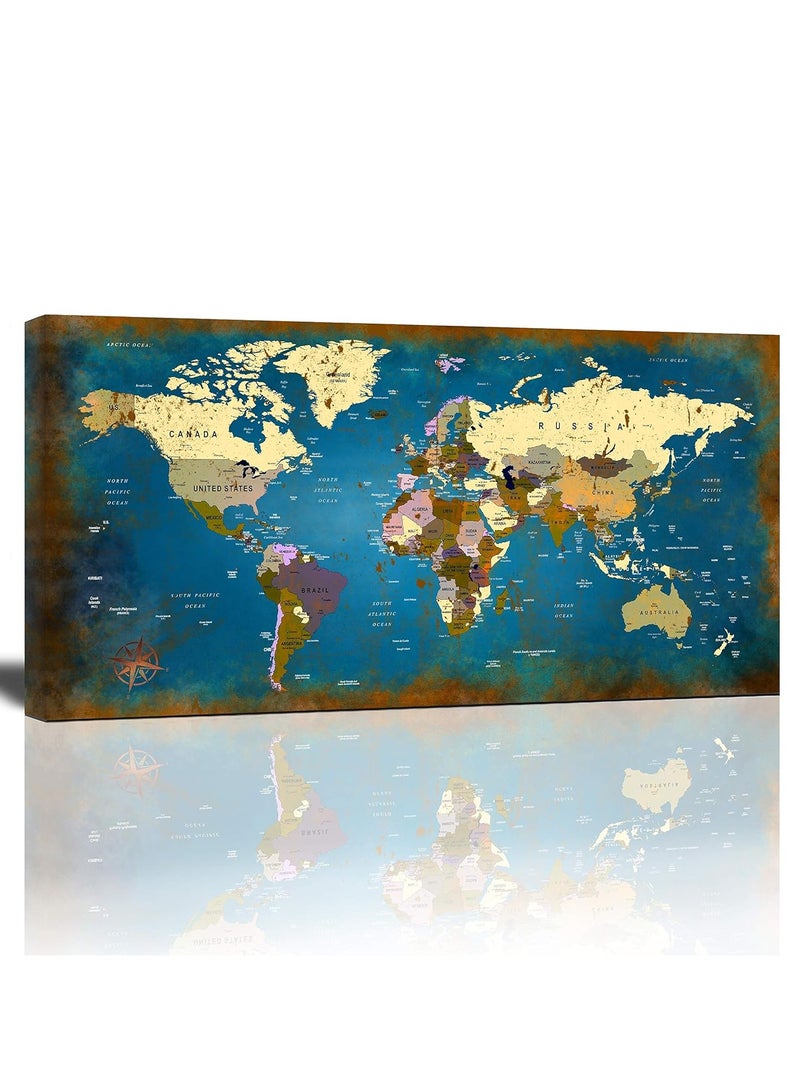 مؤسسة فكرة اليوم خريطة العالم الكبيرة، خريطة بحرية، طباعة باللون الأزرق المخضر والذهبي، لوحة جدارية حديثة مؤطرة لديكور المنزل لغرفة المعيشة وغرفة النوم وديكور المكتب جاهزة للتعليق - Image 1