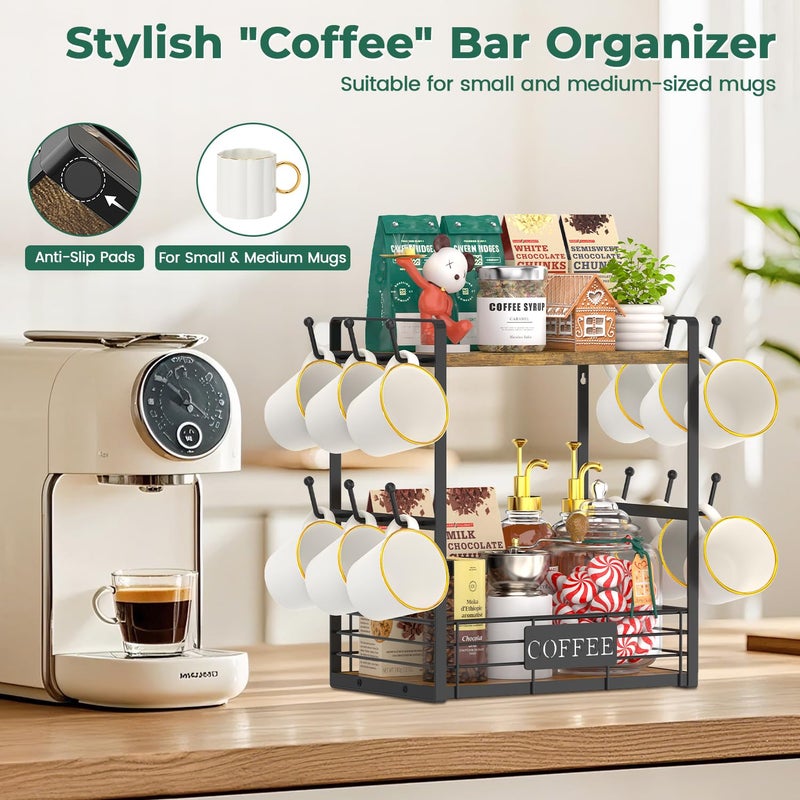 EsLuker.ly Coffee Mug Cup Holder Tree Bar Station Organizer, 2 Tier Mug Stand Rack for Countertop Kitchen, Storage Tower Display Shelf with 12 Hooks, Coffee Nook Enhancer, Vintage Brown Black - Image 5