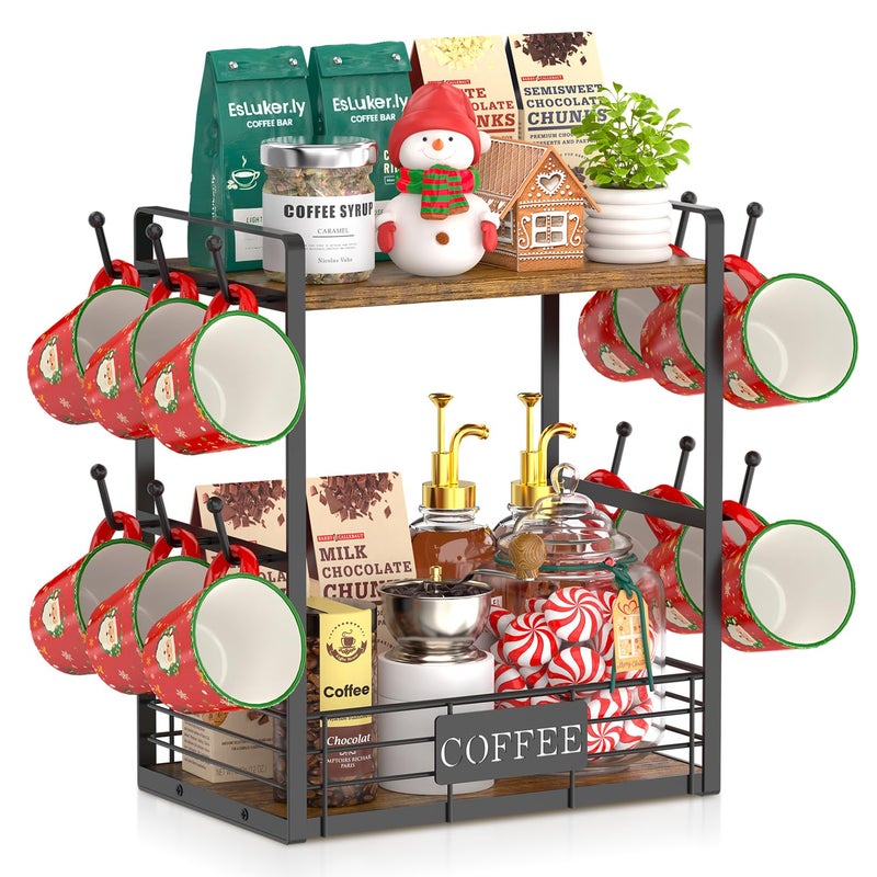 EsLuker.ly Coffee Mug Cup Holder Tree Bar Station Organizer, 2 Tier Mug Stand Rack for Countertop Kitchen, Storage Tower Display Shelf with 12 Hooks, Coffee Nook Enhancer, Vintage Brown Black - Image 1