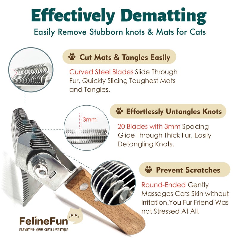FelineFun Cat Brush for Dematting & Deshedding, 2 in 1 Undercoat Rake, Efficiently Remove Loose Hair & Matted Fur, Professional Shedding Comb for Indoor Cats & Long Haired Cats - Image 4