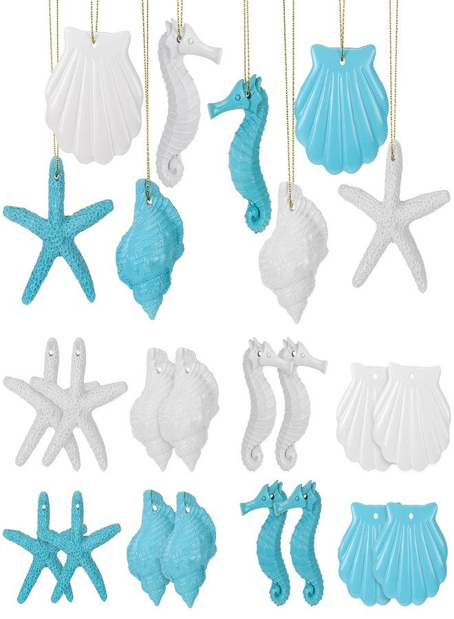 Junkin 24 Pieces Beach Ocean Christmas Ornaments Bulk Resin Starfish Seashell Seahorse Coastal Hanging Crafts Ornaments for Xmas Tree Nautical Ocean Beach Party Wall Bathroom Decoration - Image 1