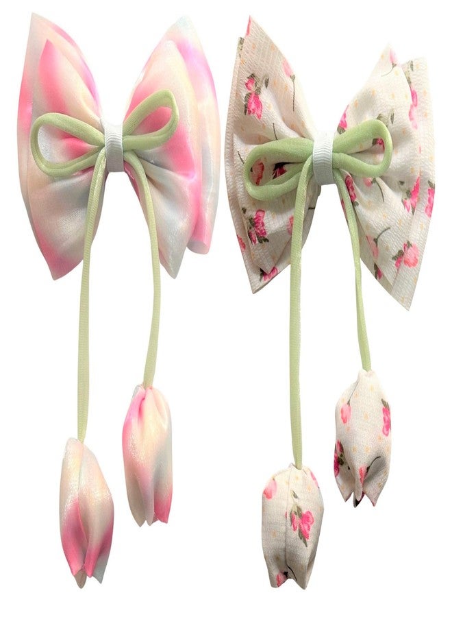 Luxelocks Pack of 2 pcs Floral Hair Bow with Hanging Tulips, Cute hair accessories for women & girls - Image 3