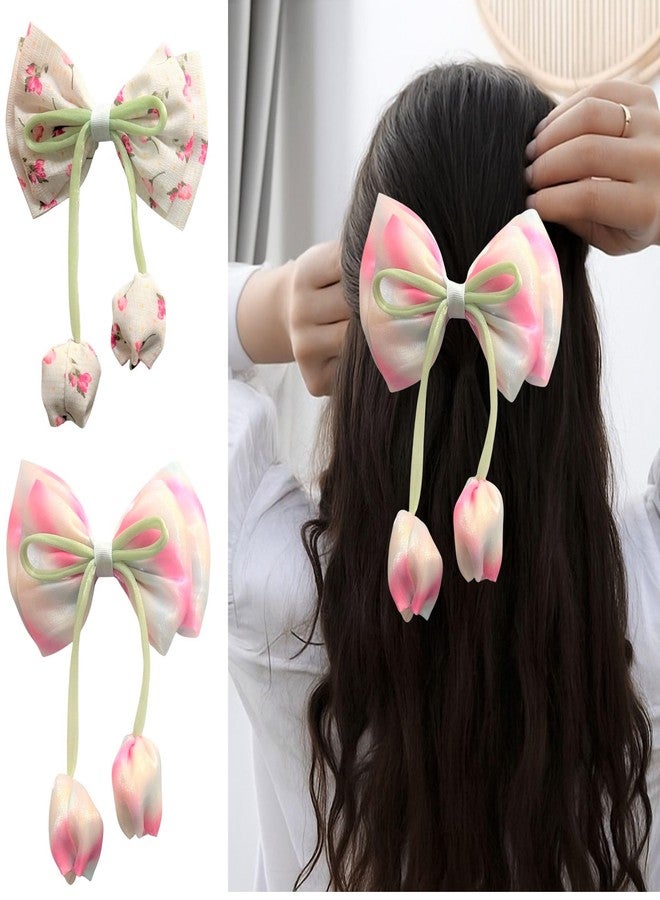 Luxelocks Pack of 2 pcs Floral Hair Bow with Hanging Tulips, Cute hair accessories for women & girls - Image 1