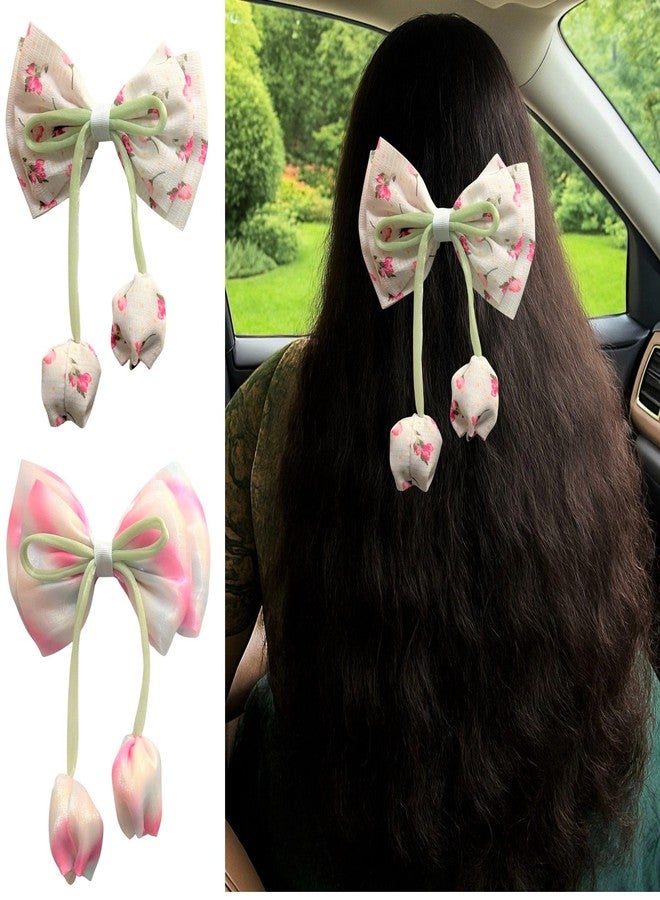 Luxelocks Pack of 2 pcs Floral Hair Bow with Hanging Tulips, Cute hair accessories for women & girls - Image 2
