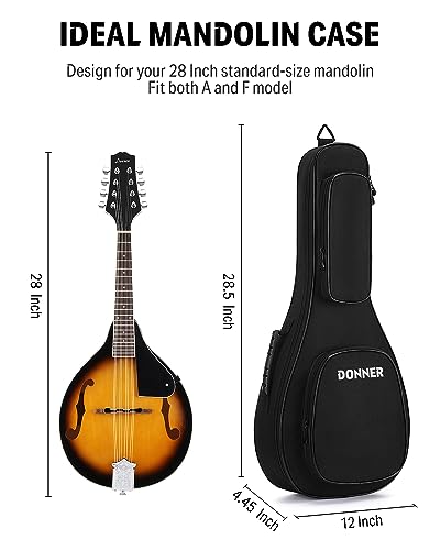 Donner 28 Inch Mandolin Case, 0.5 Inch Padded Sponge 600D Thick Ripstop Waterproof Nylon Soft Gig Bag with Two-Way Sturdy Metal Zippers and Back Hanger Loop, Fit A & F Style Mandolin - Image 2