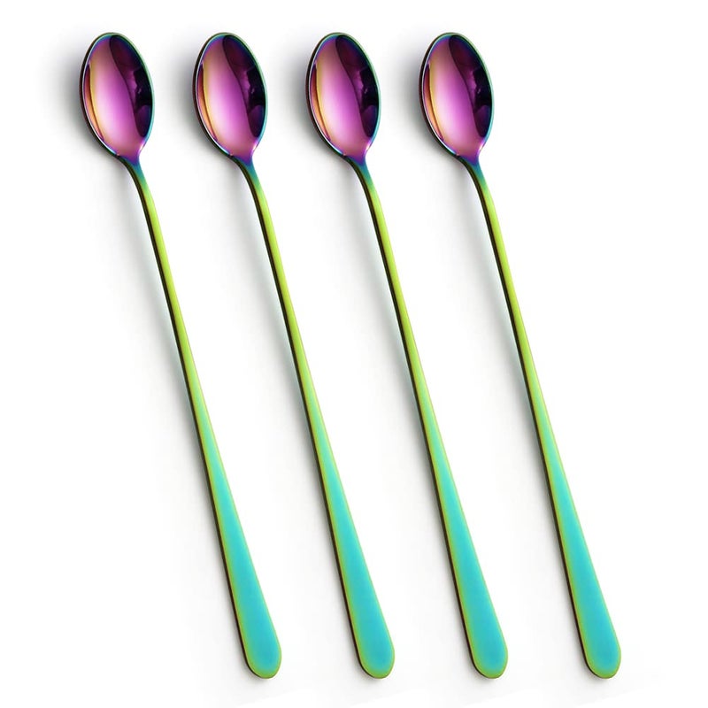 IQCWOOD Rainbow Long Handle Iced Tea Spoons 9Inch Ice Cream Coffee Stirring Spoons Set of 4