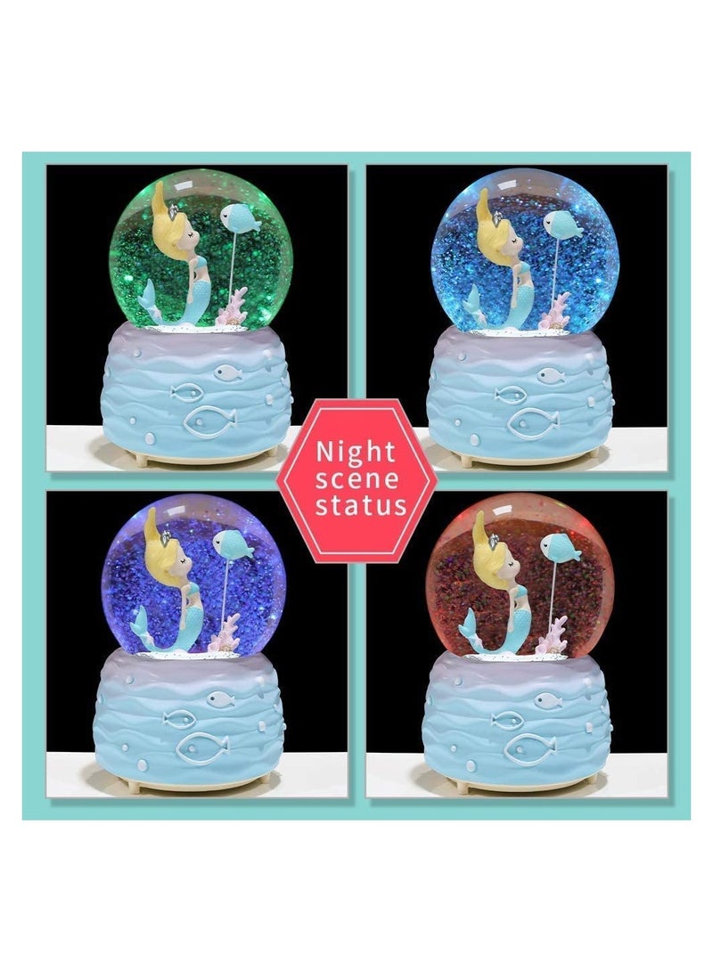 Adorable Mermaid Musical Snow Globe with LED Lights and Glitter Perfect Home Decor for Kids Birthday Gift Collectible Keepsake Beautiful Novelty Decor Blue - Image 3