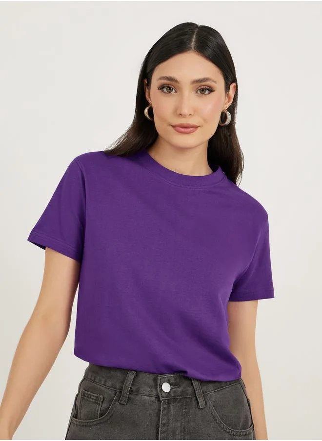 ستايلي Styli Slogan Print Round Neck Regular Fit T-Shirt