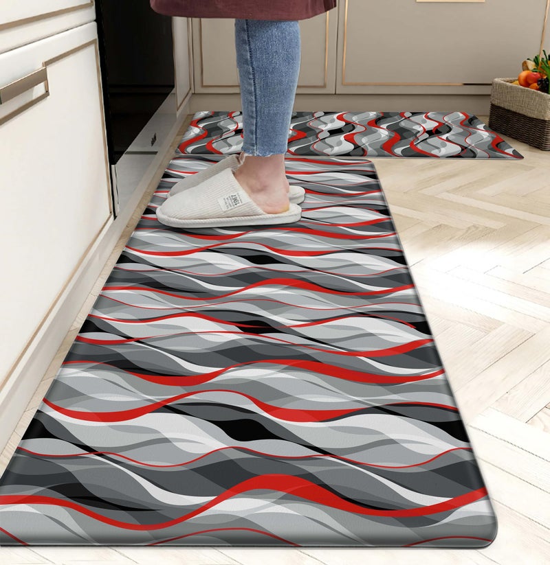 weesire Kitchen Mats for Floor Modern Abstract kitchen rugs Grey and Red Stripe Anti Fatigue Kitchen Mats Waterproof Floor Mats Cushioned Non-Skid Standing Mats for Kitchen, Set of 2,17.3 x 28+17.3 x 47 - Image 1