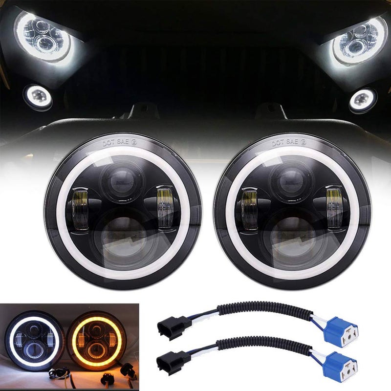 AMUNIESUN Pair 7 Round LED Projection Headlights Halo Ring White DRL Amber Turn Light with Hign Low Beam Lamp Kit for Jeep Wrangler Jk TJ LJ Rubicon Sahara Willys Hummer H1 H2