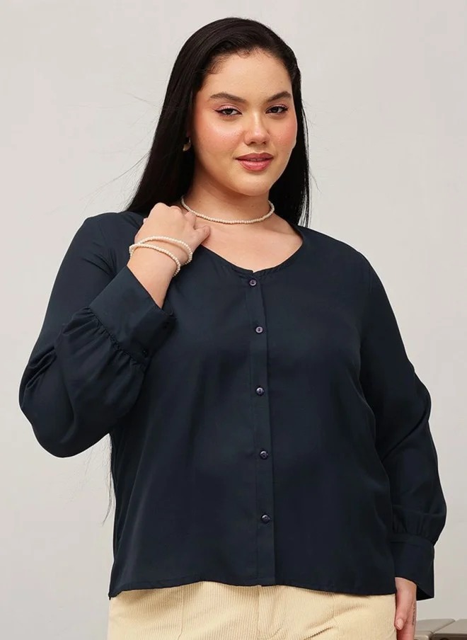 CURVY STREET Navy Blue V-Neck Top for Women