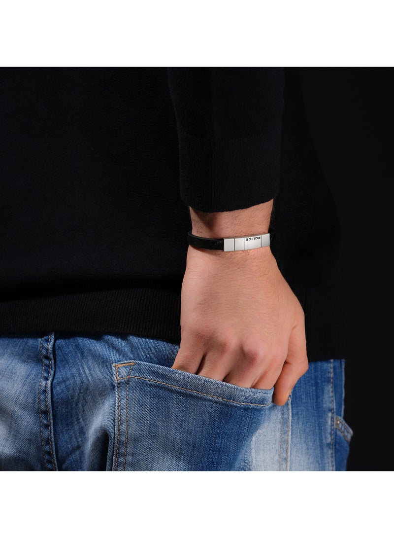 Rotator Black Leather Stainless Steel Gents Bracelet