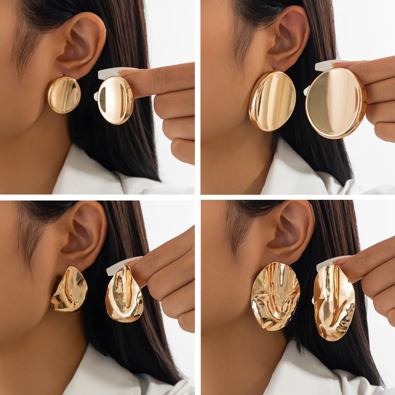 SHIXIN Oversized Irregular Oval Earrings with Metallic Folded Design - Trendy and Stylish - Image 1