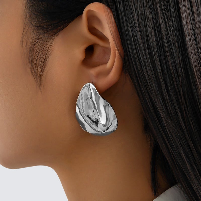 SHIXIN Oversized Irregular Oval Earrings with Metallic Folded Design - Trendy and Stylish - Image 2