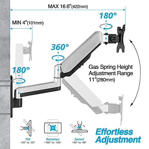 AVLT Single Extended 13"-32" Wall Mount - Curved/ Flat Monitor, Full Motion Height Swivel Tilt Rotation Adjustable Arm - VESA/Cable Management - Image 3