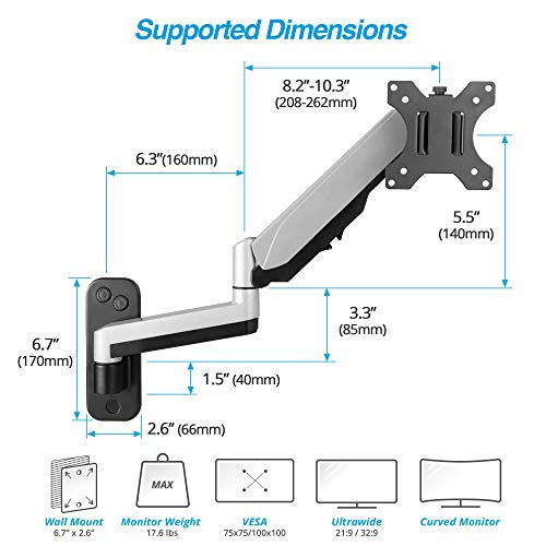 AVLT Single Extended 13"-32" Wall Mount - Curved/ Flat Monitor, Full Motion Height Swivel Tilt Rotation Adjustable Arm - VESA/Cable Management - Image 2
