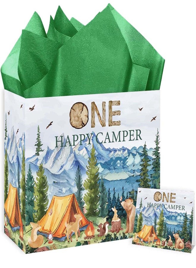 RTMISA One Happy Camper Birthday Gift Bag with Tissue Paper and Greeting Card One Year Old Boy Birthday Gifts Wrapping Paper Bag, 1st Bday Boy Present Wrap, First Birth Day Party Decorations Supplies - Image 1