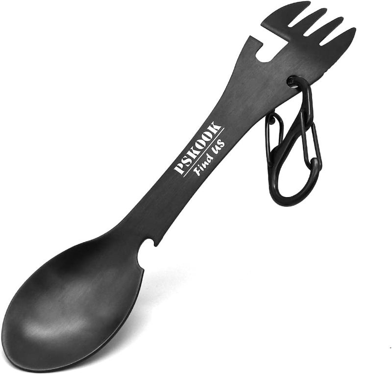 PSKOOK 5-in-1 Utility Tactical Spork, Stainless Steel Spoon & Bottle Opener, Fork & Knife, Can Opener Combo Camping Utensil for Hiking, Camping or Backpacking (Black) - Image 1