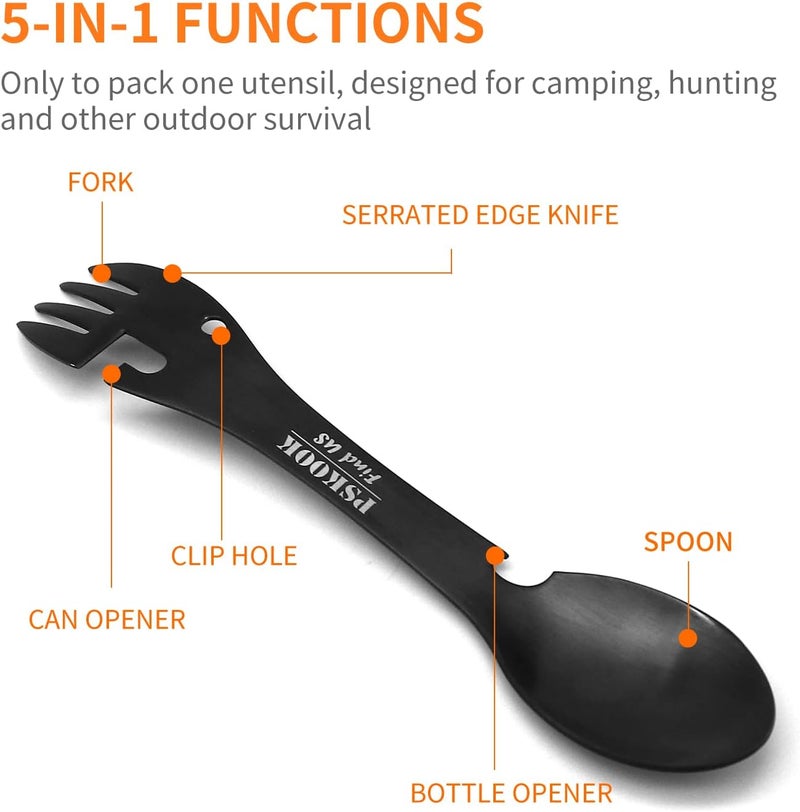 PSKOOK 5-in-1 Utility Tactical Spork, Stainless Steel Spoon & Bottle Opener, Fork & Knife, Can Opener Combo Camping Utensil for Hiking, Camping or Backpacking (Black) - Image 2