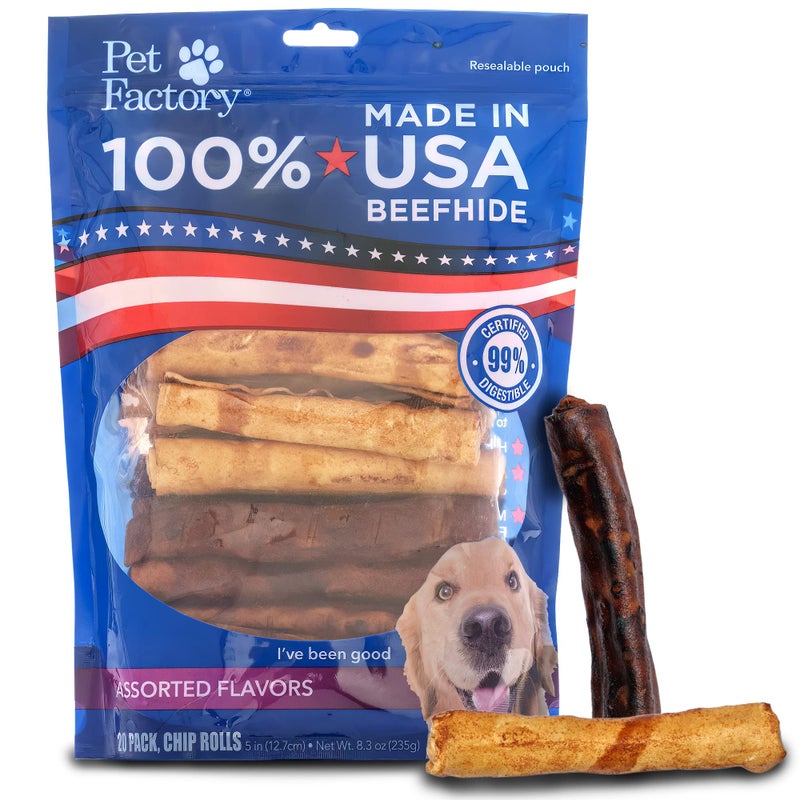 Pet Factory 100% Made in USA Beefhide 5" Chip Rolls Dog Chew Treats - Beef & Chicken Flavor, 20 Count/1 Pack
