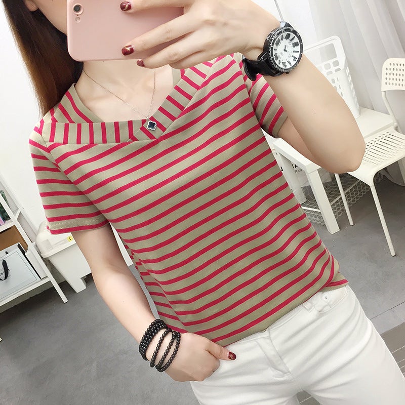 Striped Short-Sleeved T-Shirt Women'S Summer Dress Plus Size Loose Slimming Top All-Match Cotton T-Shirt For Middle-Aged Mom - Image 2
