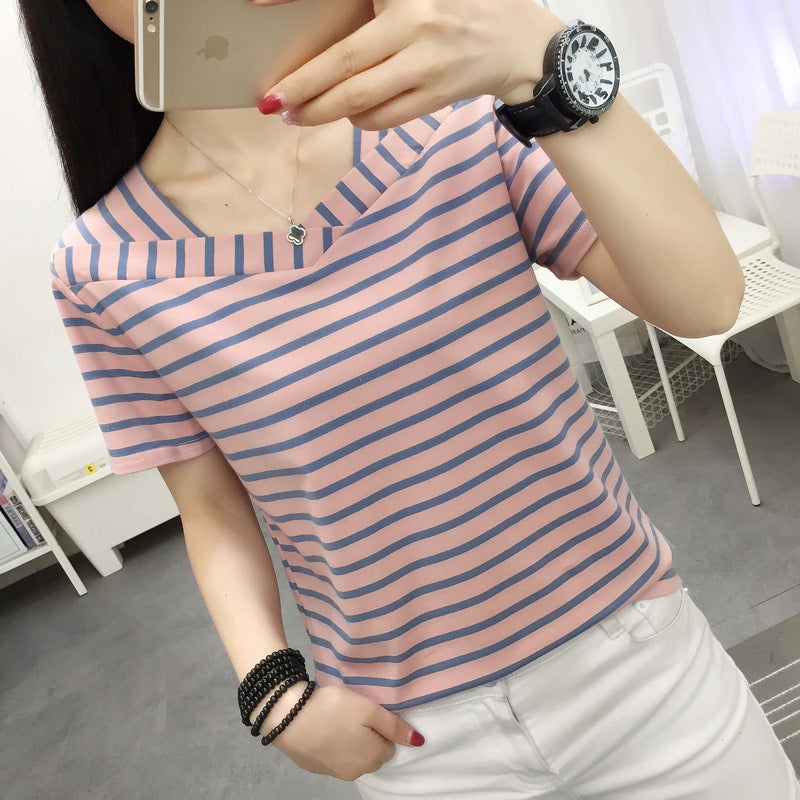 Striped Short-Sleeved T-Shirt Women'S Summer Dress Plus Size Loose Slimming Top All-Match Cotton T-Shirt For Middle-Aged Mom - Image 3