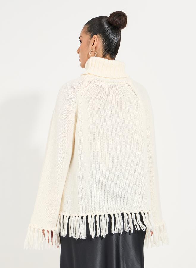 Styli Knitted Turtle Neck Sweater with Tassel Hem Detail  - Image 4