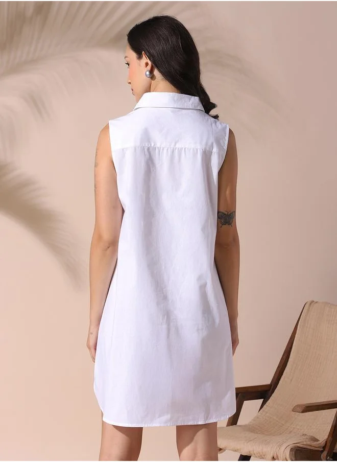 Dennis Lingo Women marshmellow regular fit embroidered sleeveless cotton dress with button closure featuring a spread collar- perfect for making bold moves.
