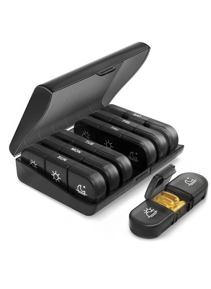 Portable Pill Organizer - 3 Compartments Per Day, 7-Day Weekly Travel-Friendly Pill Box - Light-Resistant, BPA-Free, Ideal for Vitamins, Medication, Supplements (Black) - Image 1