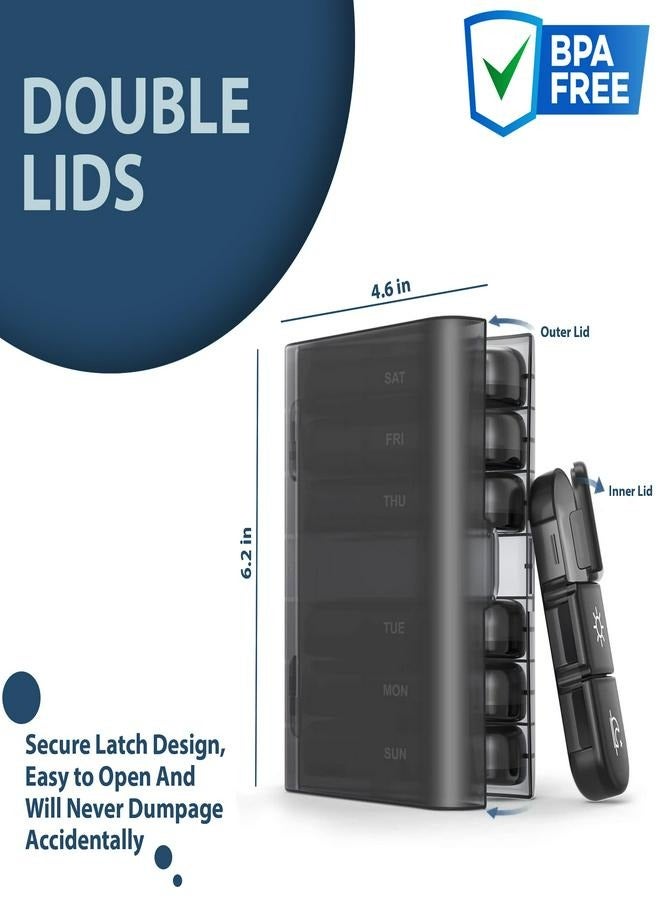 Portable Pill Organizer - 3 Compartments Per Day, 7-Day Weekly Travel-Friendly Pill Box - Light-Resistant, BPA-Free, Ideal for Vitamins, Medication, Supplements (Black) - Image 4