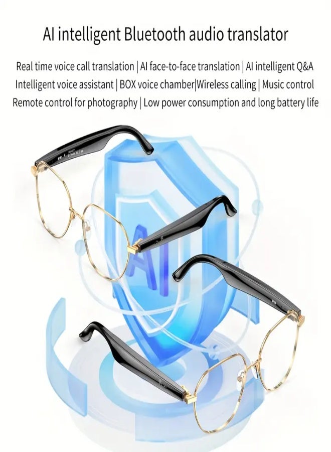 نظارات ترجمة ذكية AI بإطار ذهبي بأسلوب الأعمال – ترجمة فورية للمكالمات الصوتية، تشغيل موسيقى لاسلكي، تحكم باللمس، دعم 163 لغة، تحويل النص إلى كلام، بطارية طويلة العمر، شحن مغناطيسي، قابلة للشحن عبر USB - Image 4