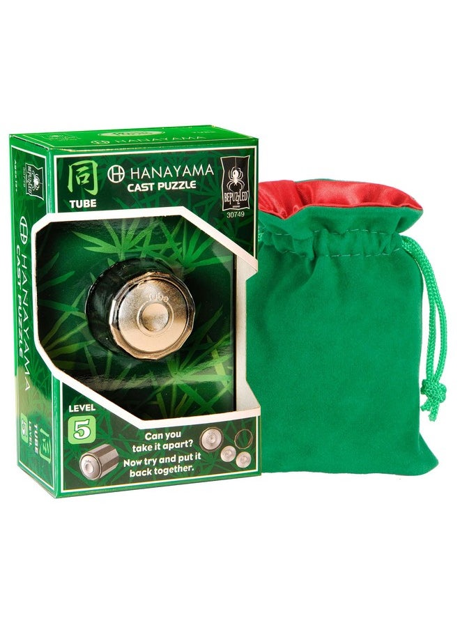 Deluxe Games and Puzzles Tube Hanayama Puzzle, New 2023, Level 5, with Green Velvet, Red Satin Lined Drawstring Pouch, Bundled  - Image 1