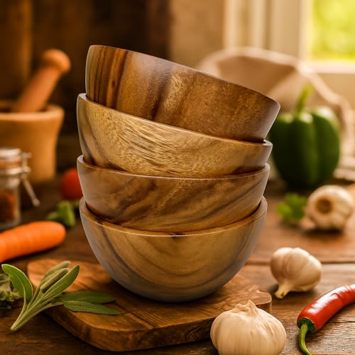 WRIGHTMART Small Wooden Bowls Set of 4 – 5” Round Acacia Snack, Dip & Side Dish Bowls – Handmade Rustic Wood Serving for Salads, Fruit, Sauces, Nuts, Desserts, Kitchen Gift Set - Image 2