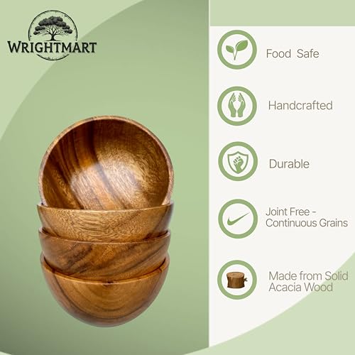 WRIGHTMART Small Wooden Bowls Set of 4 – 5” Round Acacia Snack, Dip & Side Dish Bowls – Handmade Rustic Wood Serving for Salads, Fruit, Sauces, Nuts, Desserts, Kitchen Gift Set - Image 3