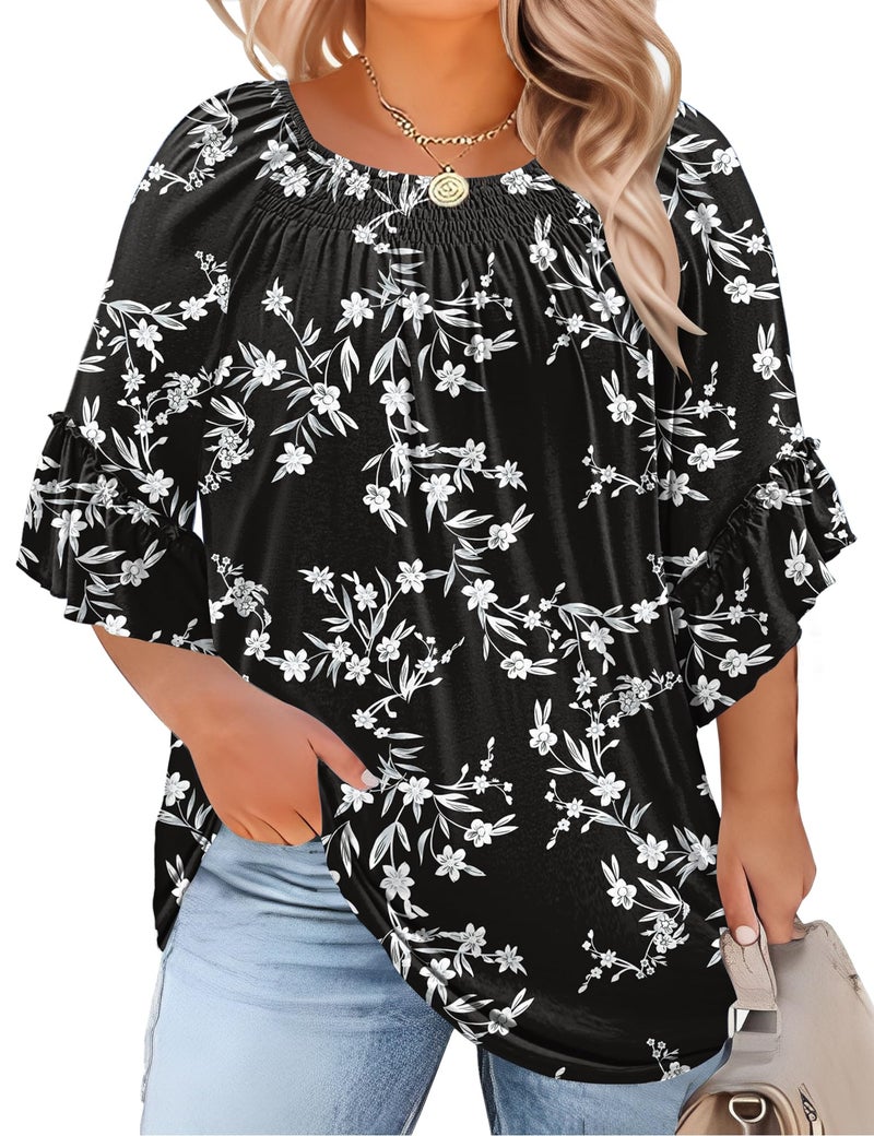 Micoson Plus Size 3/4 Sleeve Tops for Women Half Sleeve Shirts Dressy Casual Crewneck Tunics Plus Work Tops Business Elegant Top - Image 1