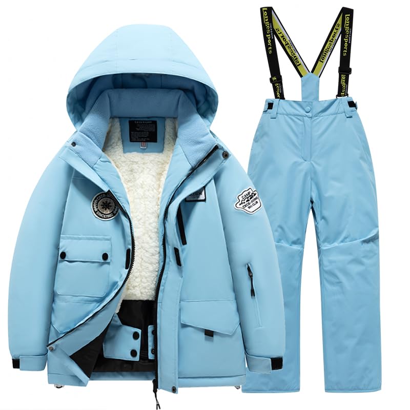 HOTIAN Boys Winter Kids 2 Piece Ski Suit Thicken Warm Hooded Jacket and Ski Pants Snowsuit Snowboarding Clothes,blueblue,6 - Image 1