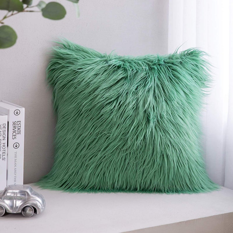 Phantoscope Faux Fur Solid Decorative Pillow Cover Fluffy Throw Pillow Mongolian Luxury Fuzzy Pillow Case Cushion Cover for Bedroom and CouchGreen 18 x 18 Inches - Image 2